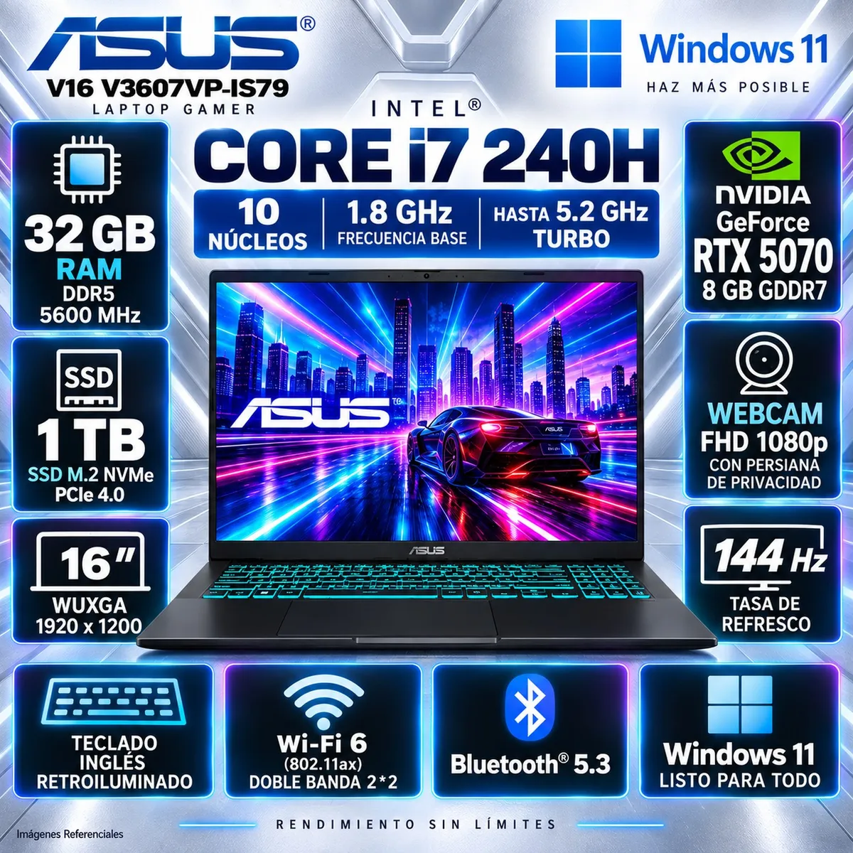 ASUS - LAPTOP GAMER ASUS V16 V3607VP-IS79 CORE 7 240H 32GB 1TB SSD RTX 5070 8GB 16 WUXGA WINDOWS 11