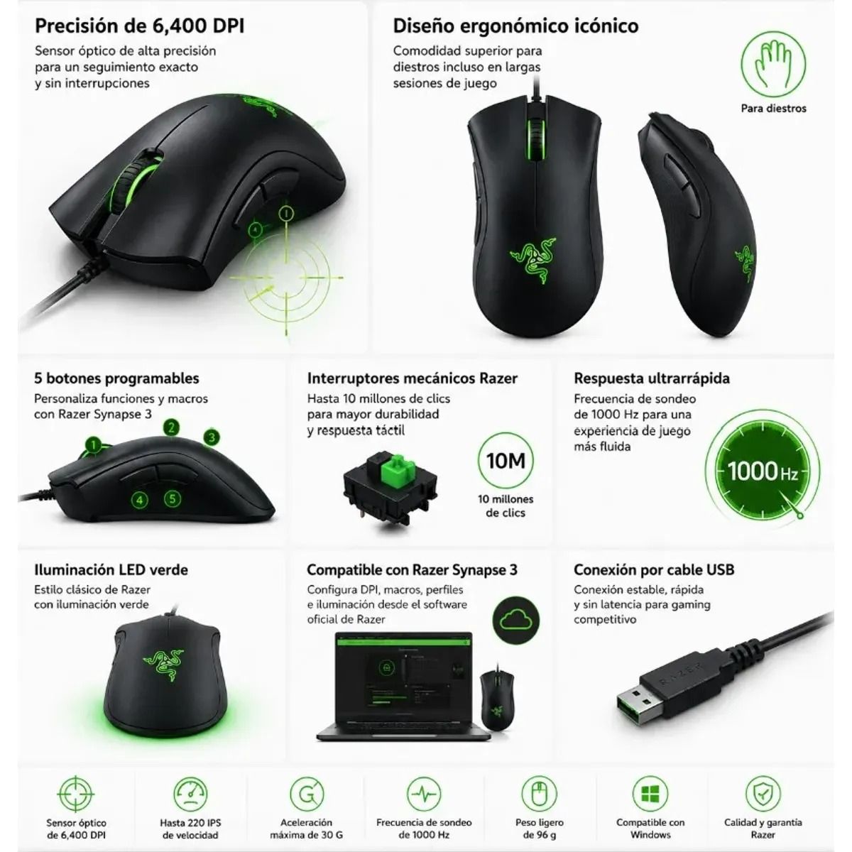 RAZER - MOUSE GAMER RAZER DEATHADDER ESSENTIAL 6400 DPI 5 BOTONES USB NEGRO