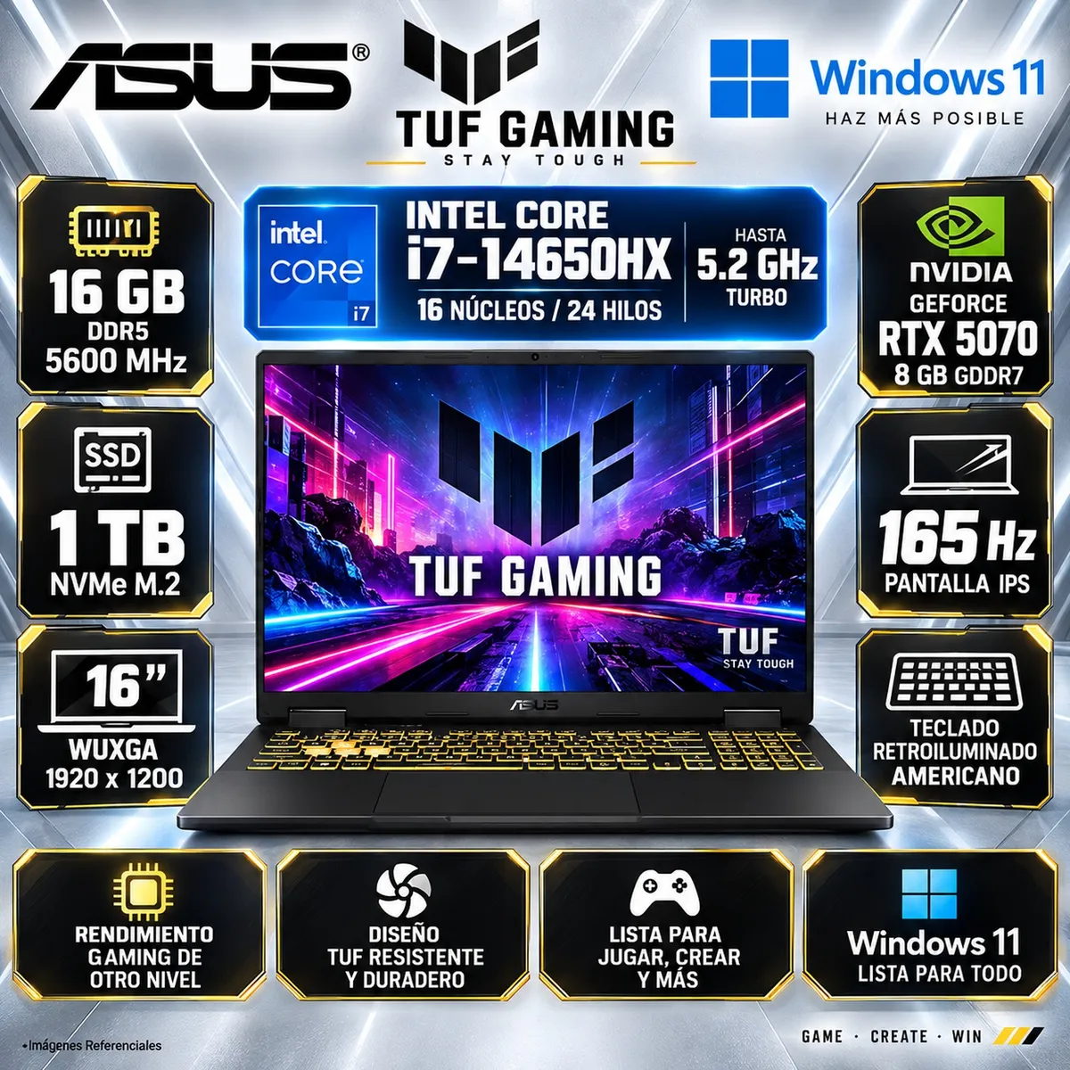 ASUS - LAPTOP ASUS TUF GAMING F16 FX608JPR-WH74 INTEL CORE I7 14650HX 16GB  1TB  RTX 5070 8GB 16 WUXGA IPS 165HZ