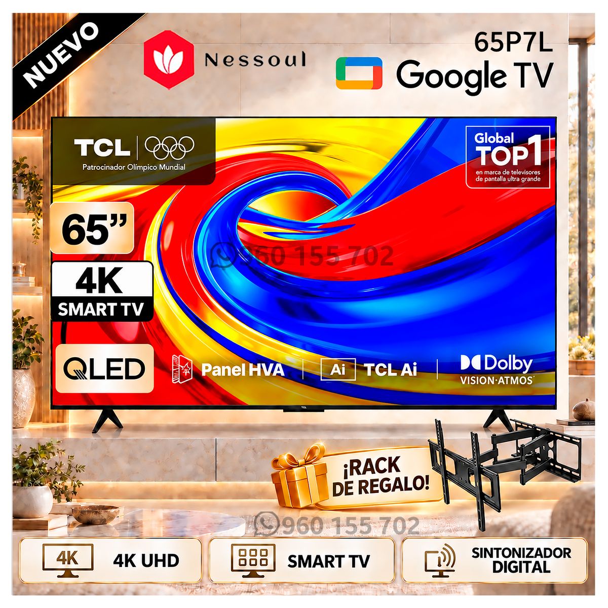TCL - Televisor TCL 65 Pulg. Premium QLED 4K UHD Google TV 65P7L - Modelo Nuevo + Rack