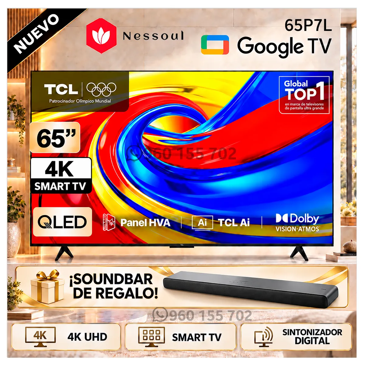 TCL - Televisor TCL 65 Pulg. Premium QLED 4K UHD Google TV 65P7L - Modelo Nuevo + Soundbar TCL