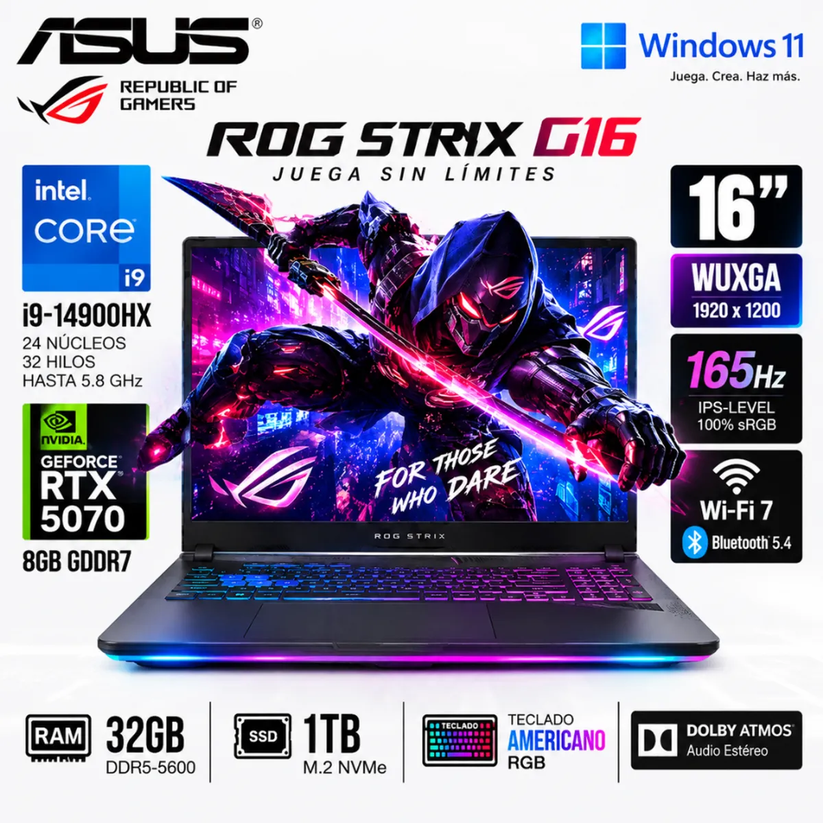 ASUS - Laptop Gamer ASUS ROG Strix G16 i9-14900HX 32GB DDR5 1TB SSD RTX 5070 8GB 16" WUXGA G615JPR-AS96