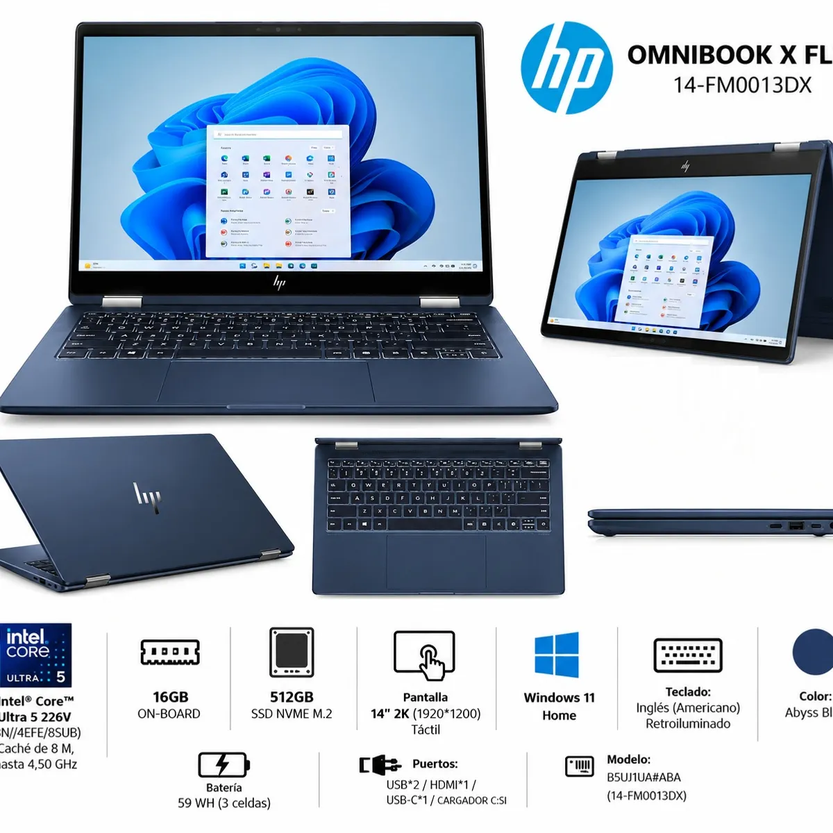 HP - LAPTOP HP OMNIBOOK X FLIP Intel® Core™ Ultra 5 226V  16GB, 512GB, 14 PULG 2K  14-FM0013DX