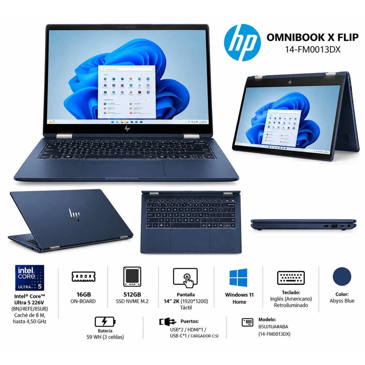 HP - LAPTOP HP OMNIBOOK X FLIP Intel® Core™ Ultra 5 226V  16GB, 512GB, 14 PULG 2K  14-FM0013DX