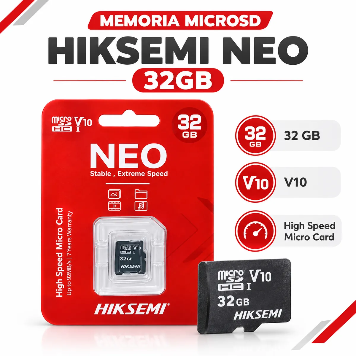 GENERICO - TARJETA DE MEMORIA MICROSD HC HIKSEMI NEO 32GB CLASS 10 UHS-I V10 HASTA 92MB/S