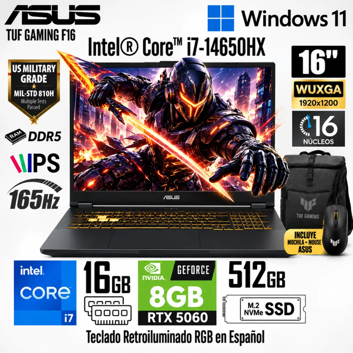 ASUS - Laptop Asus TUF Gaming F16 FX608JMR-RV352 Core i7-14650HX 16GB RAM 512GB SSD RTX 5060-8GB 16" WUXGA