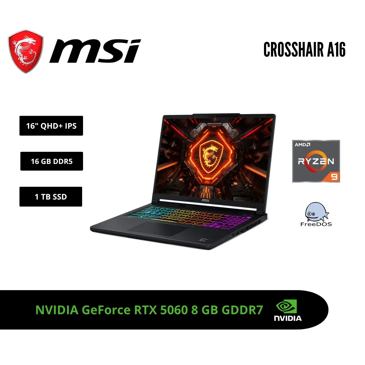Msi - LAPTOP GAMING MSI CROSSHAIR A16 16 QHD+ 240HZ IPS RYZEN 9 8940HX RTX 5060 8GB 16GB DDR5 1TB SSD