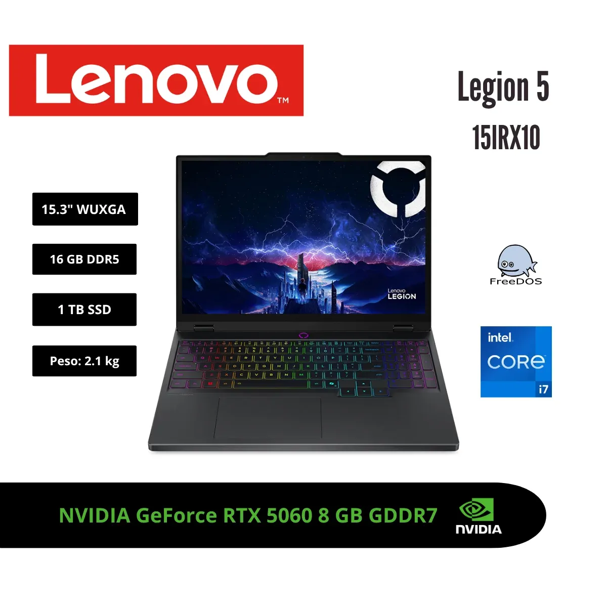 LENOVO - LAPTOP GAMING LENOVO LEGION 5 15.3 WUXGA 165HZ IPS CORE i7-13650HX RTX 5060 8GB 16GB DDR5 1TB SSD