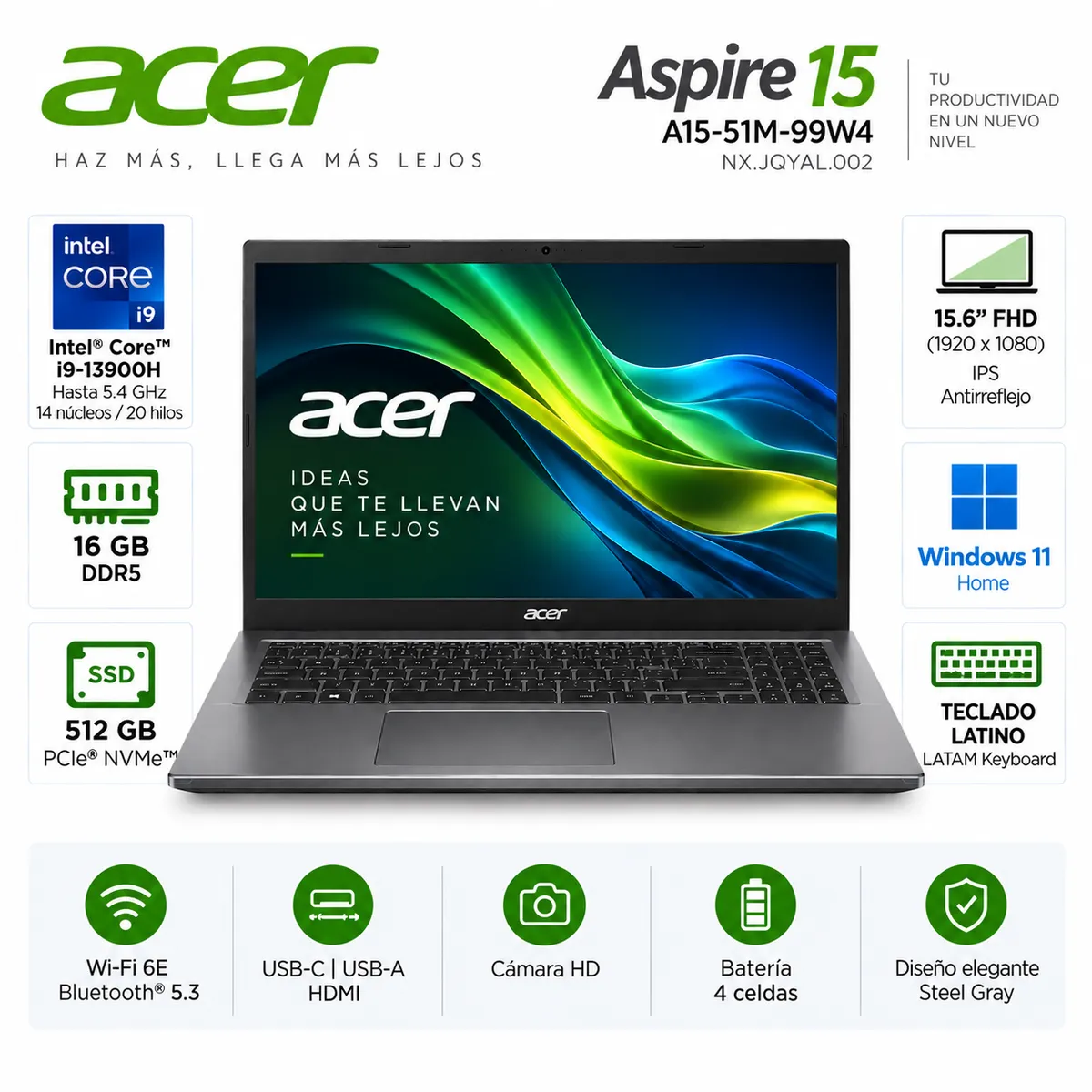 ACER - Laptop Acer Aspire 15 A15-51M-99W4 Core i9-13900H 16GB 512GB SSD 15.6" Win11