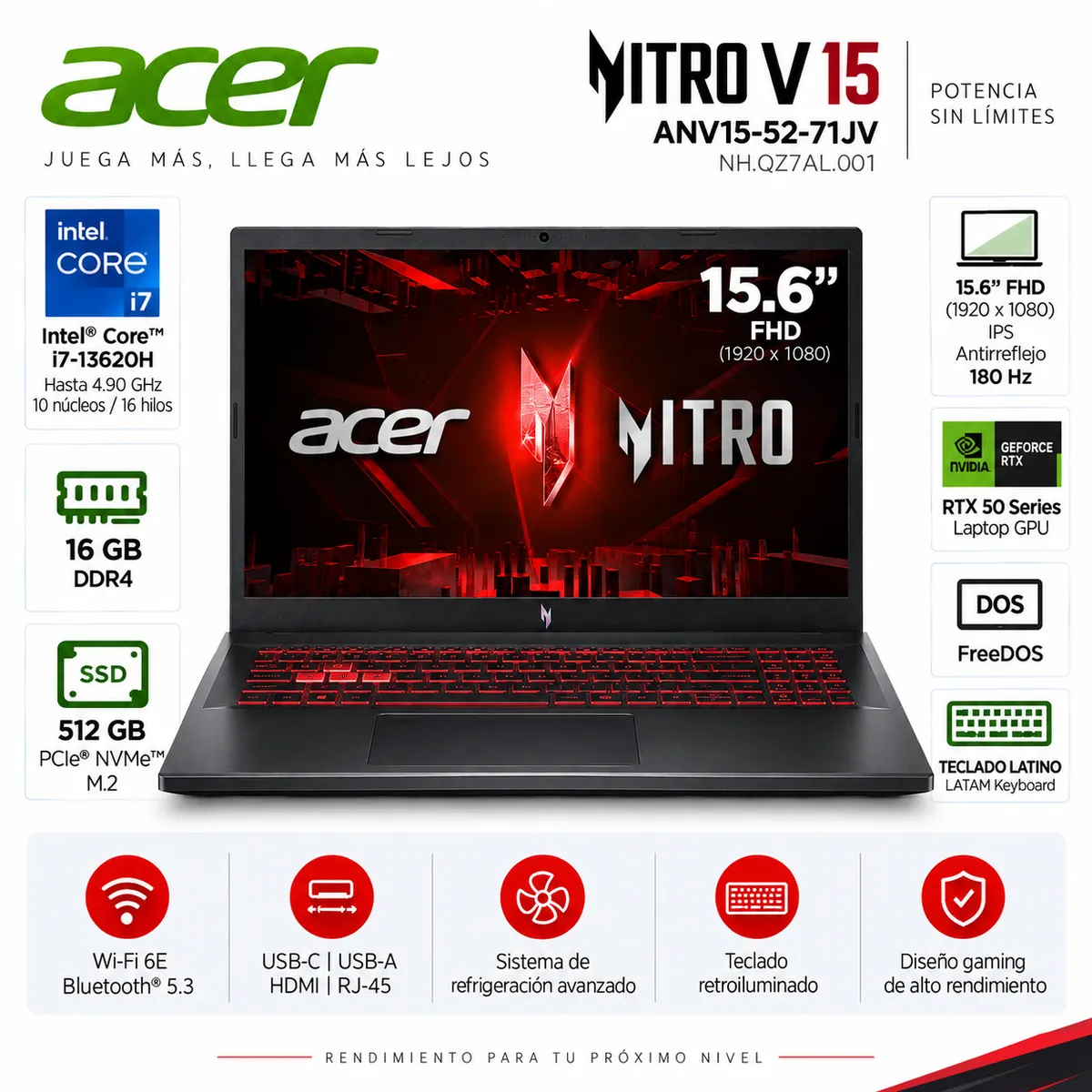ACER - Laptop Acer Nitro V 15 ANV15-52-71JV Core i7-13620H 16GB 512GB RTX 5050 15.6" 180Hz FreeDOS