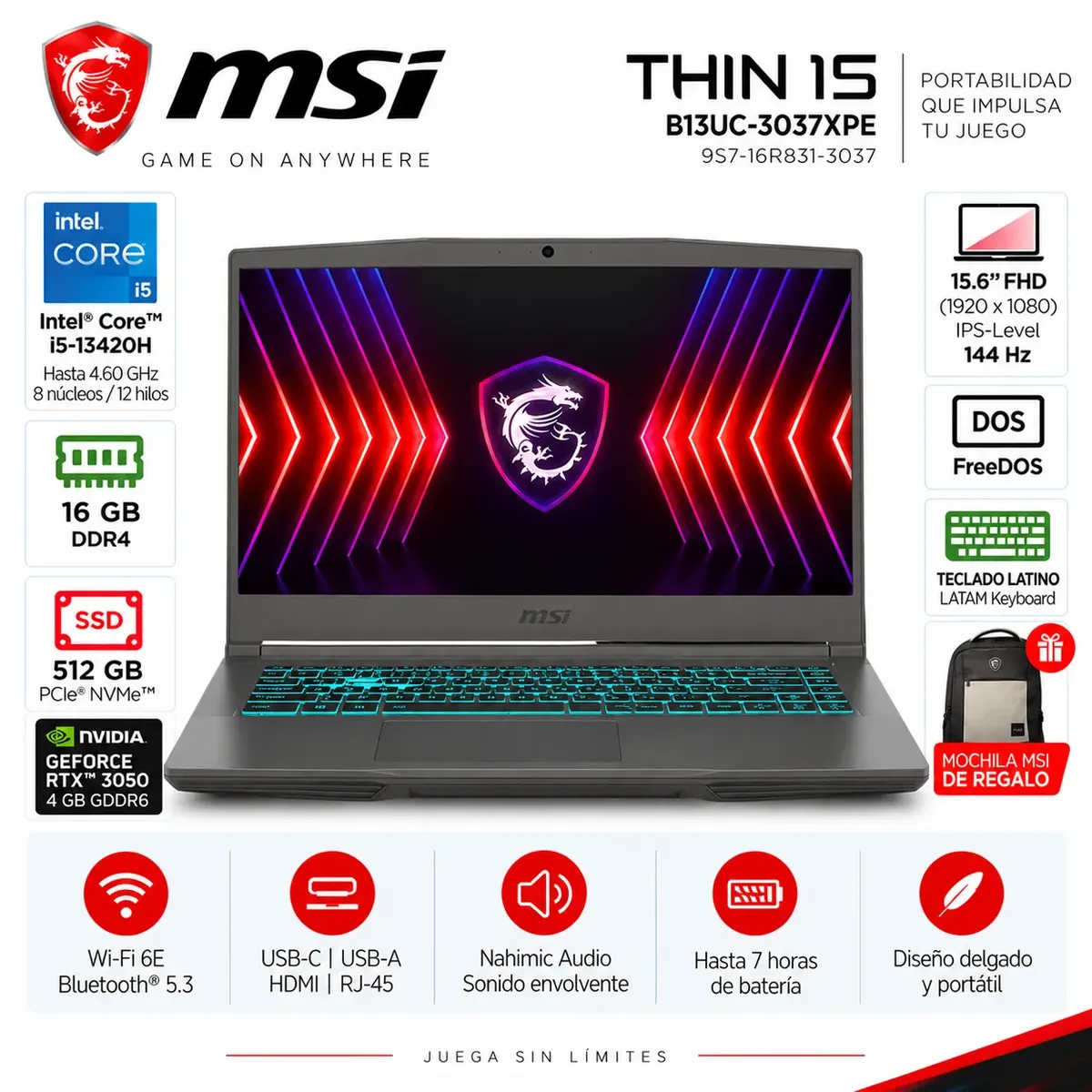 Msi - Laptop MSI Thin 15 B13UC-3037XPE Core i5-13420H 16GB 512GB RTX 3050 144Hz FreeDOS + Mochila