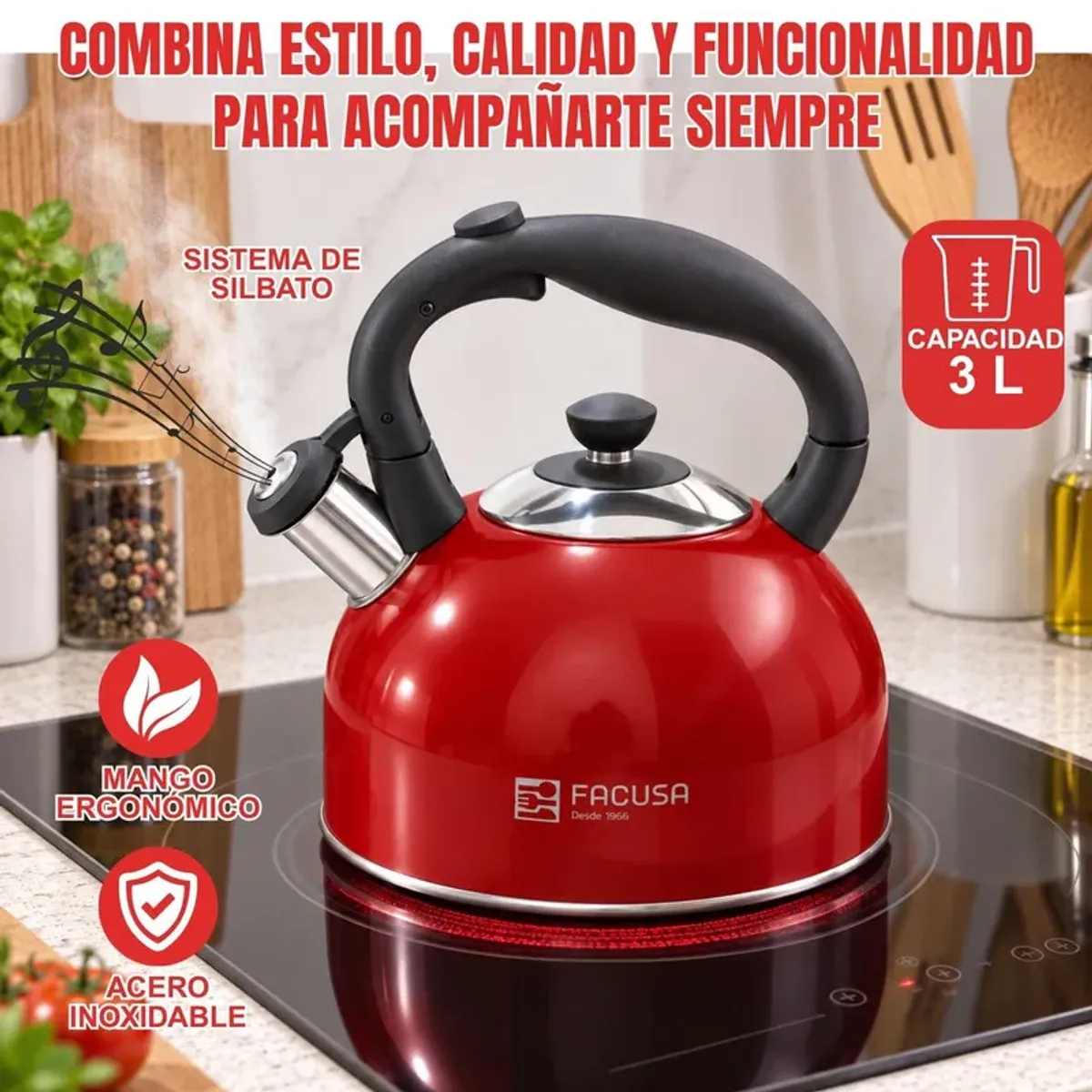 Tetera de 3L Facusa de Acero Inoxidable y Pico Silbador Rojo FACUSA ...