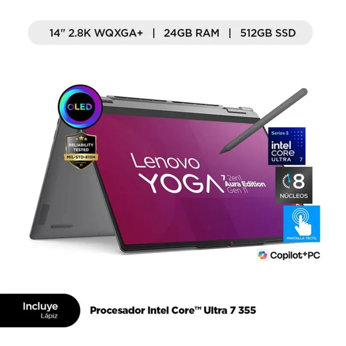 LENOVO - Laptop IA Lenovo Yoga 7i 2 en 1 Aura Edition Intel Core Ultra 7 24GB 512GB SSD 14" OLED Serie 355