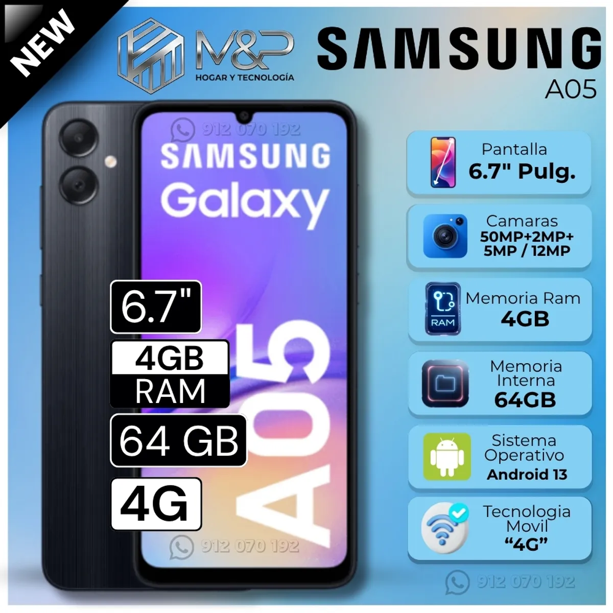 SAMSUNG - Celular Samsung Galaxy A05 6.7"  Pulg 4GB RAM 64GB Android 13-Negro 