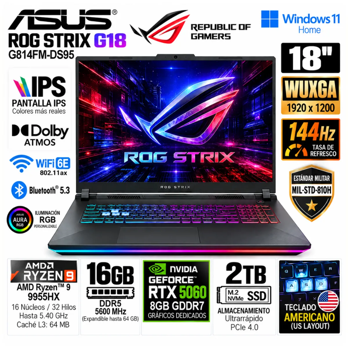 ASUS - Laptop ASUS ROG Strix G18 G814FM-DS95 Ryzen 9 9955HX 16GB 2TB RTX 5060 8GB 18" 144Hz W11
