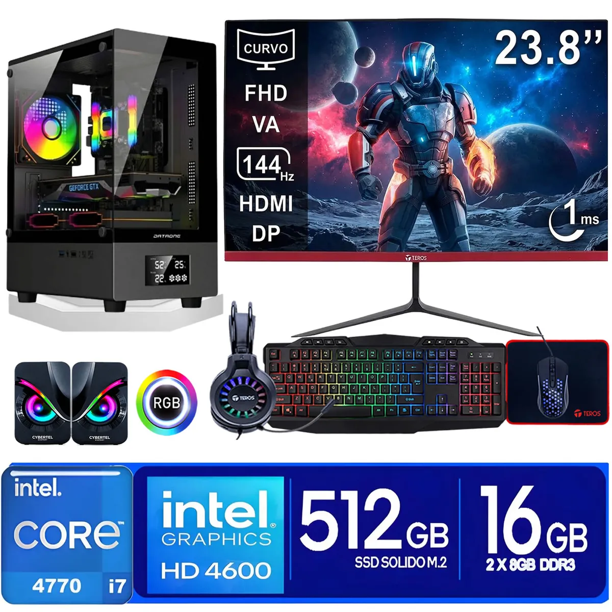 INTEL - Computadora Pc Intel Core i7 4770  Monitor 24 fhd' RAM 16 GB SSD 500 GB PARLANTES.