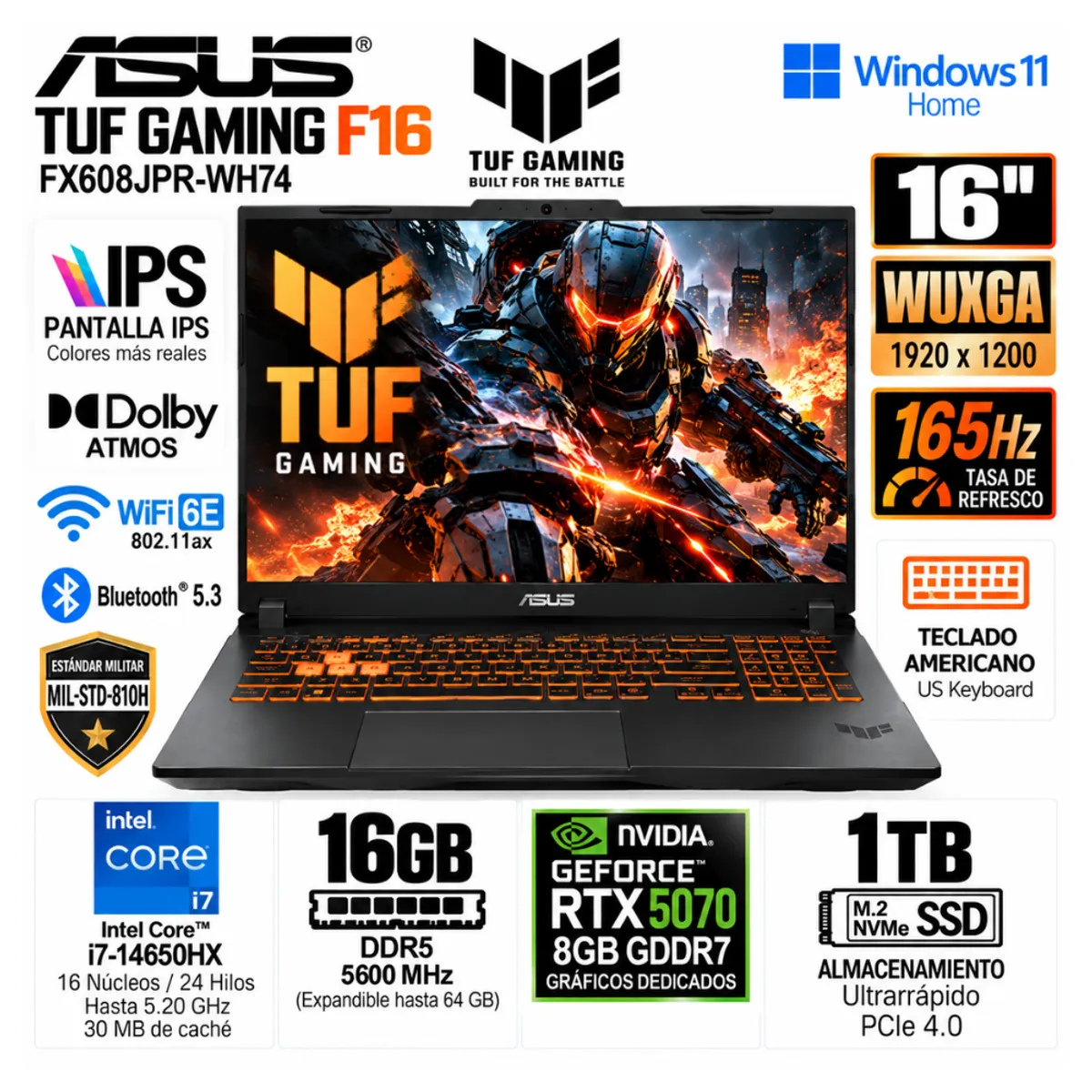 ASUS - Laptop ASUS TUF F16 FX608JPR-WH74 i7-14650HX 16GB 1TB RTX 5070 8GB 16" WUXGA 165Hz-W11