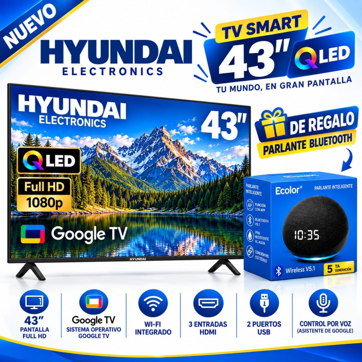 HYUNDAI - TELEVISOR SMART TV HYUNDAI QLED 43 HYLED4326QG + PARLANTE DE REGALO
