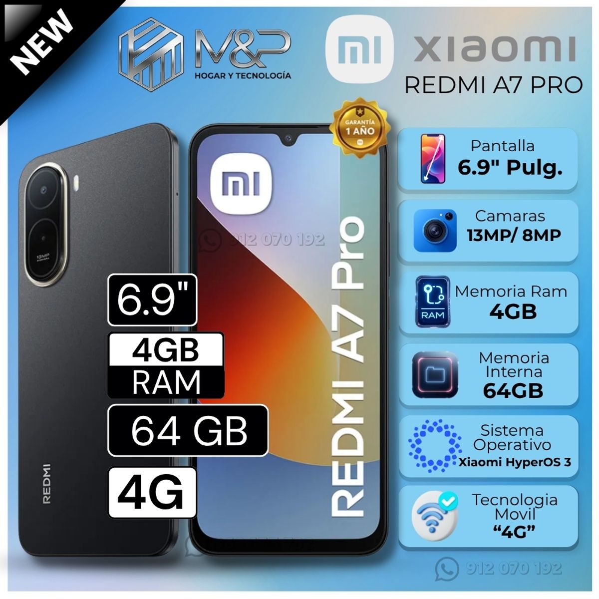 XIAOMI - Celular Xiaomi Redmi A7 Pro 6.9" Pulg. 4GB RAM 64GB Xiaomi HyperOS 3 - Negro