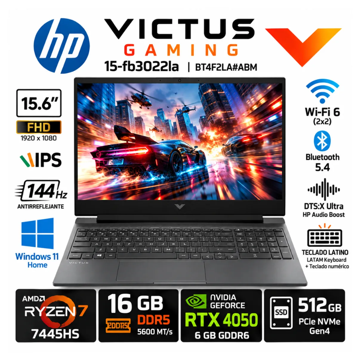 HP - Laptop HP Victus 15-fb3022la Ryzen 7 7445HS 16GB 512GB RTX 4050 6GB 15.6" 144Hz W11