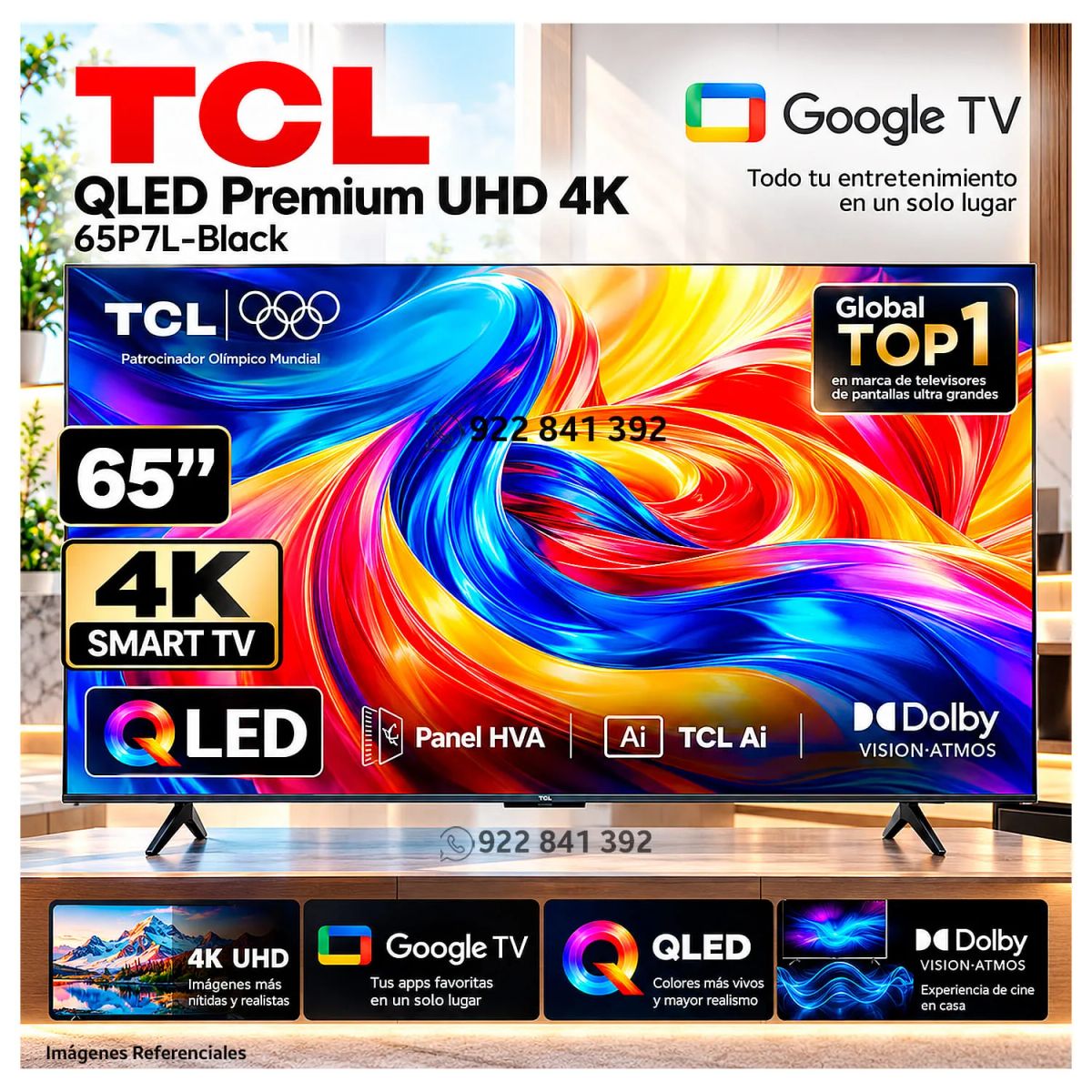 TCL - Televisor TCL 65 Pulg. Premium QLED 4K UHD Google TV 65P7L - Modelo Nuevo