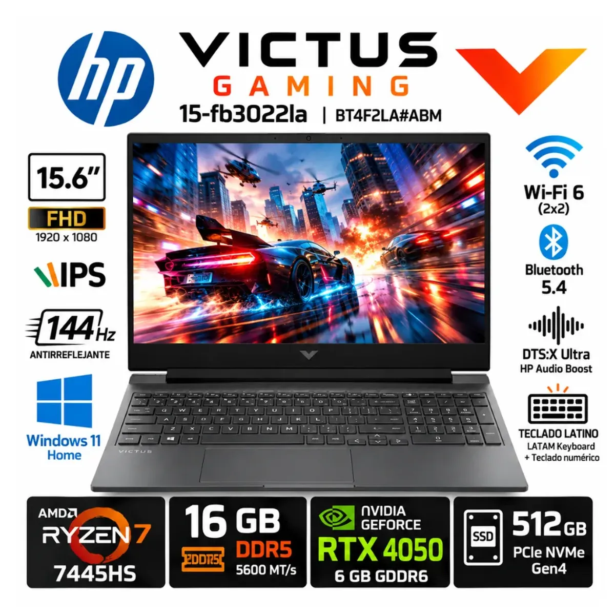 HP - Laptop HP Victus 15-fb3022la Ryzen 7 7445HS 16GB 512GB RTX 4050 6GB 15.6" 144Hz W11