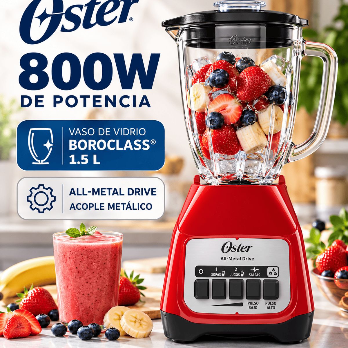 Licuadora Oster 800W 1.5L Vaso de Vidrio Boroclass BLSTKAG RPB, marca OSTER - Foto Principal