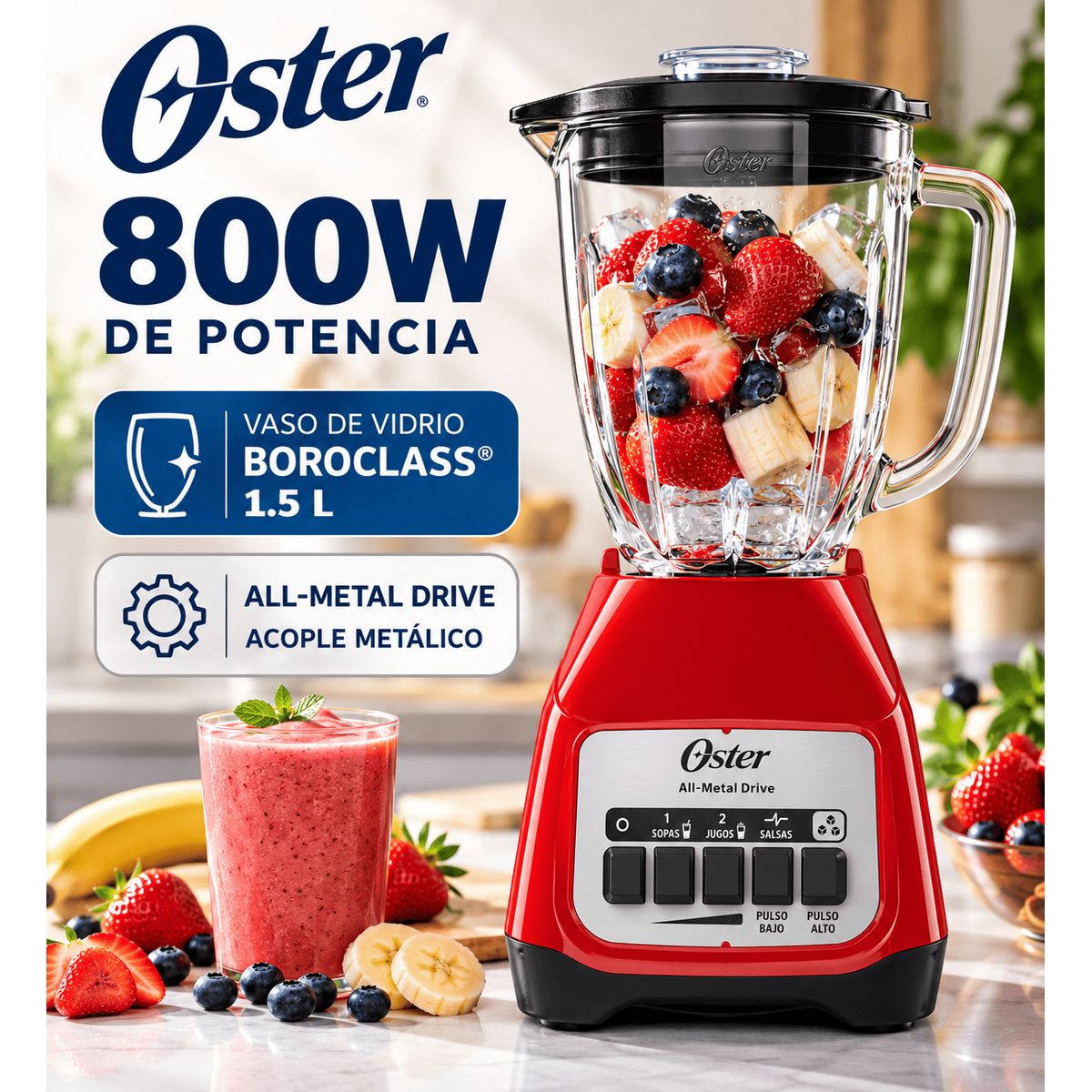Licuadora Oster 800W 1.5L Vaso de Vidrio Boroclass BLSTKAG RPB, marca OSTER - Foto Principal