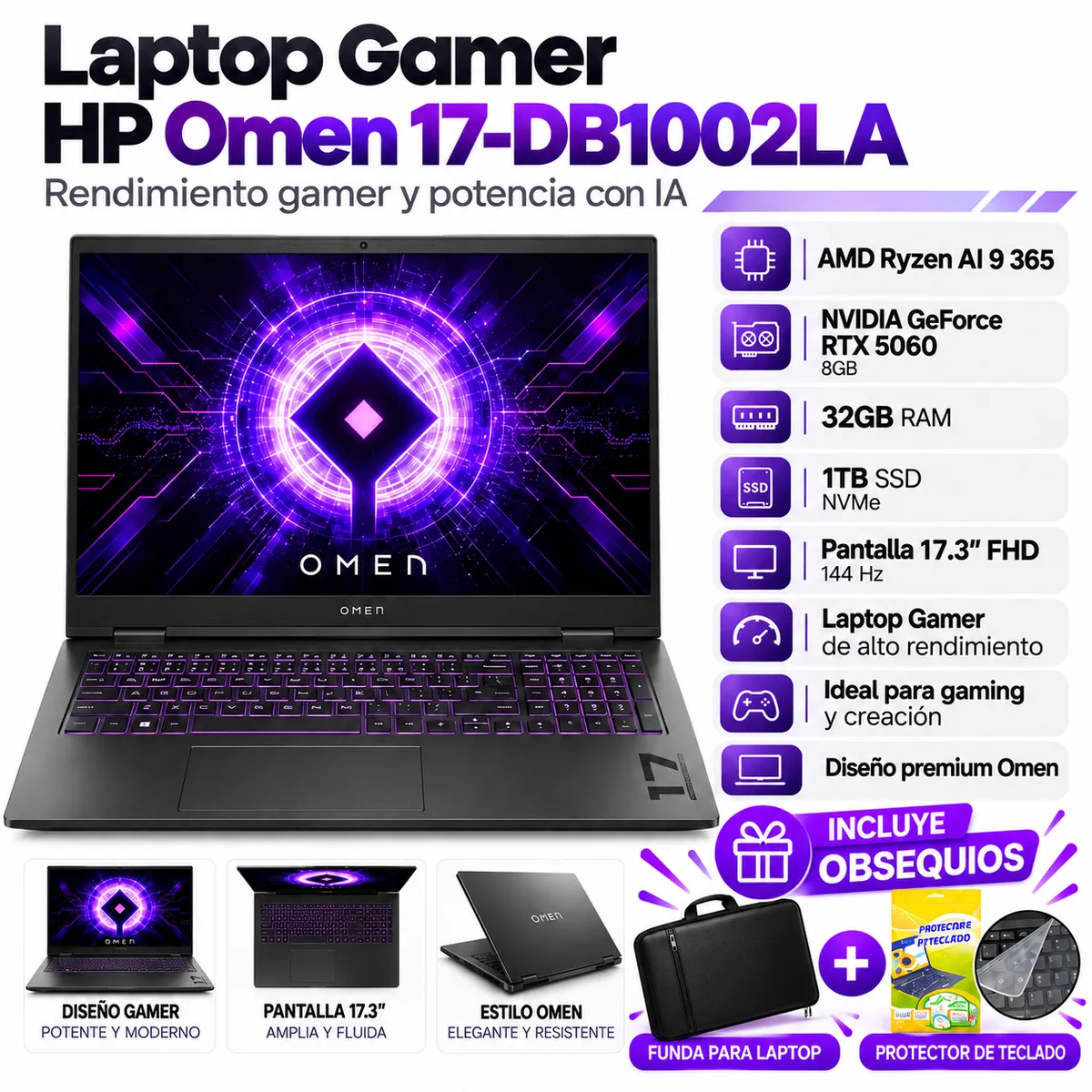 HP - Laptop Gamer HP Omen 17-DB1002LA AMD Ryzen AI 9 365 32GB RAM 1TB SSD RTX 8GB 5060 17.3 FHD 144 Hz