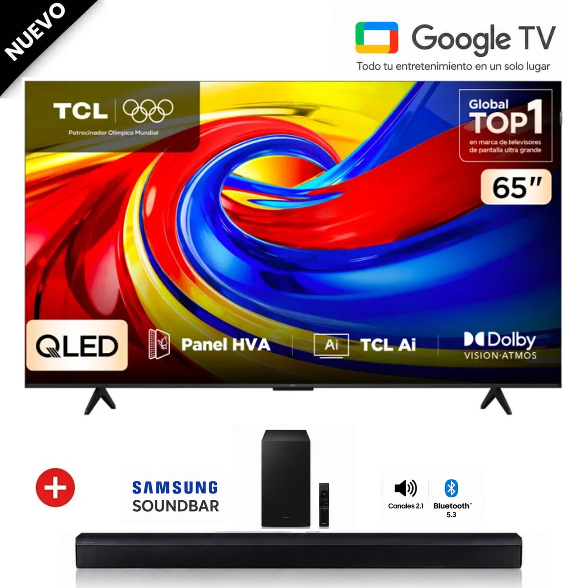 TCL - Televisor TCL 65P7L 65" Premium QLED 4K UHD Google TV + soundbar B450