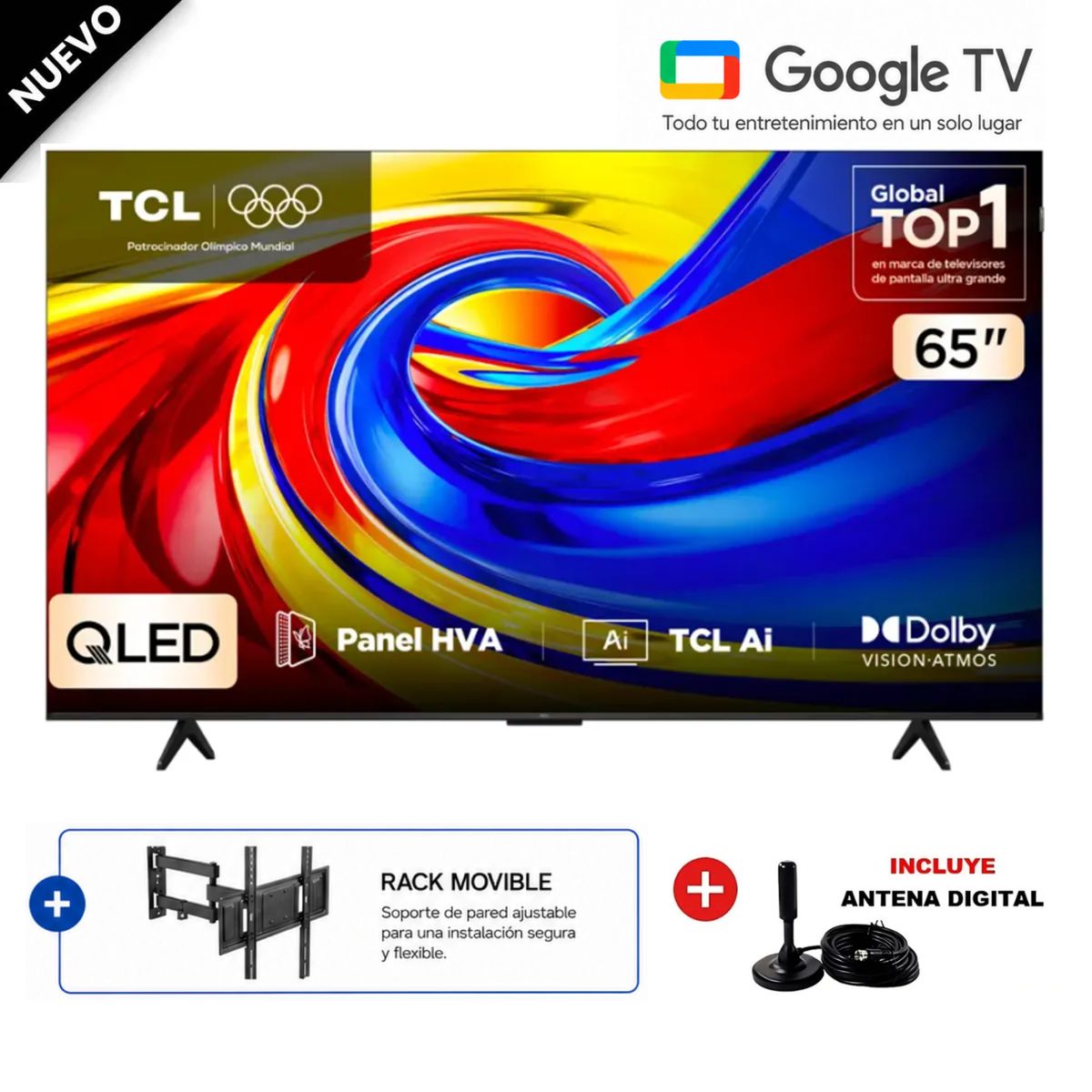 TCL - Televisor TCL 65P7L 65" Premium QLED 4K UHD Google TV + Rack y Antena Digital