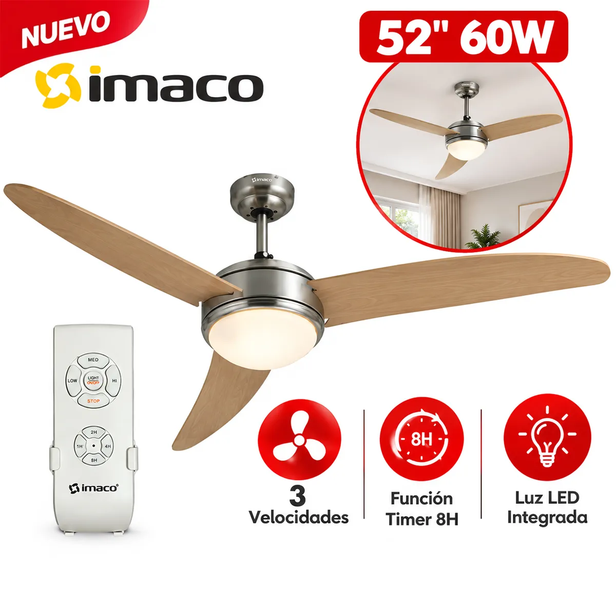 Ventilador de Techo Decorativo con Luz y Control CF5260AC Imaco ...