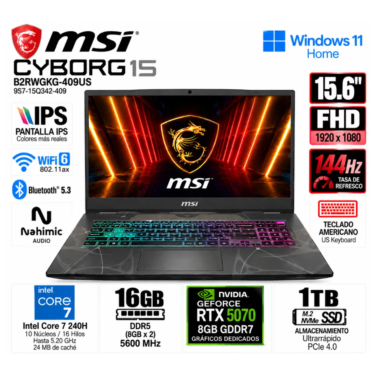 Msi - Laptop MSI Cyborg 15 B2RWGKG-409US Core 7 240H 16GB 1TB RTX 5070 8GB 15.6" 144Hz