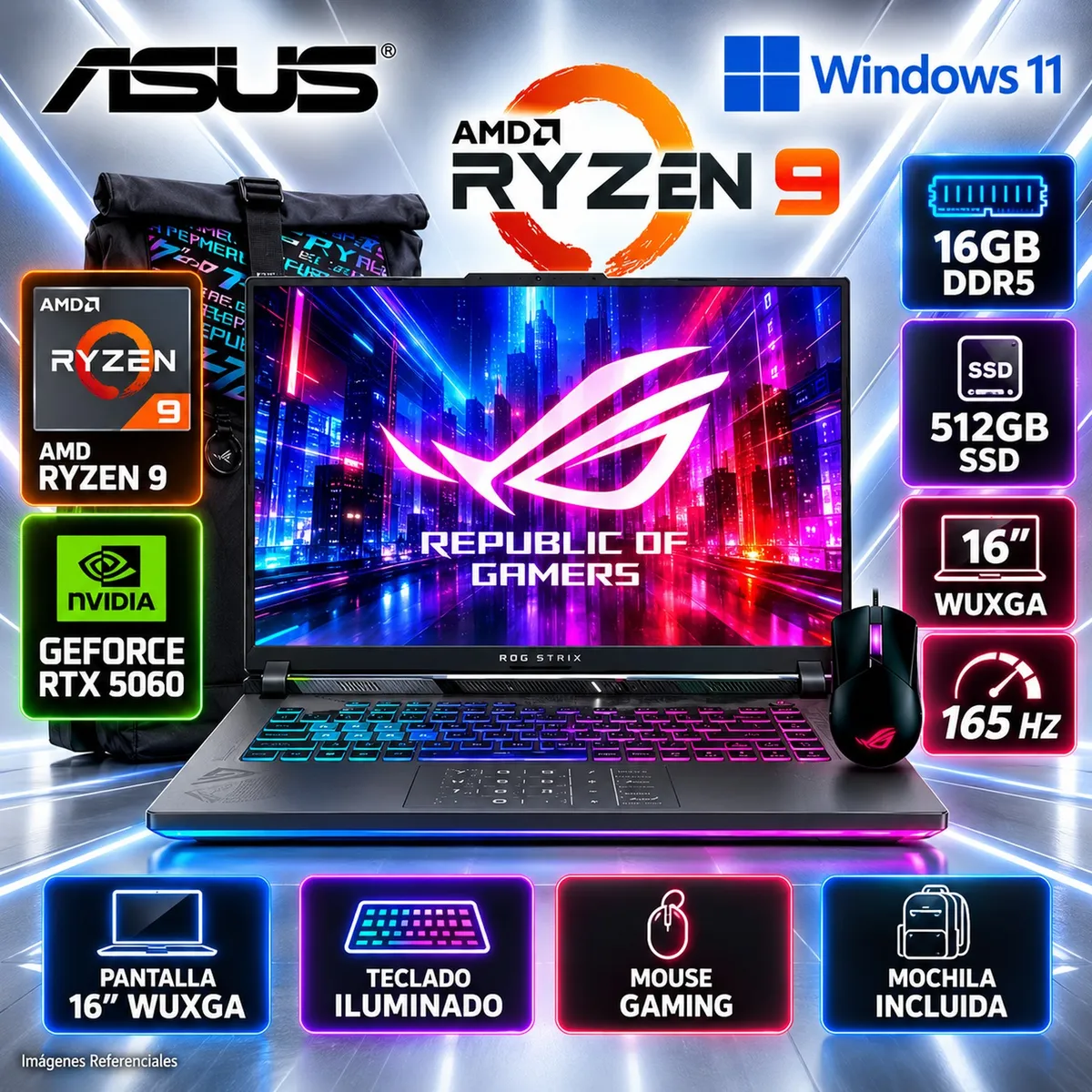 ASUS - Laptop Asus Rog Strix G614PM-221W AMD R9 8940HX Ram 16Gb SSD 512GB RTX 5060 8Gb 16"WUXGA Win11