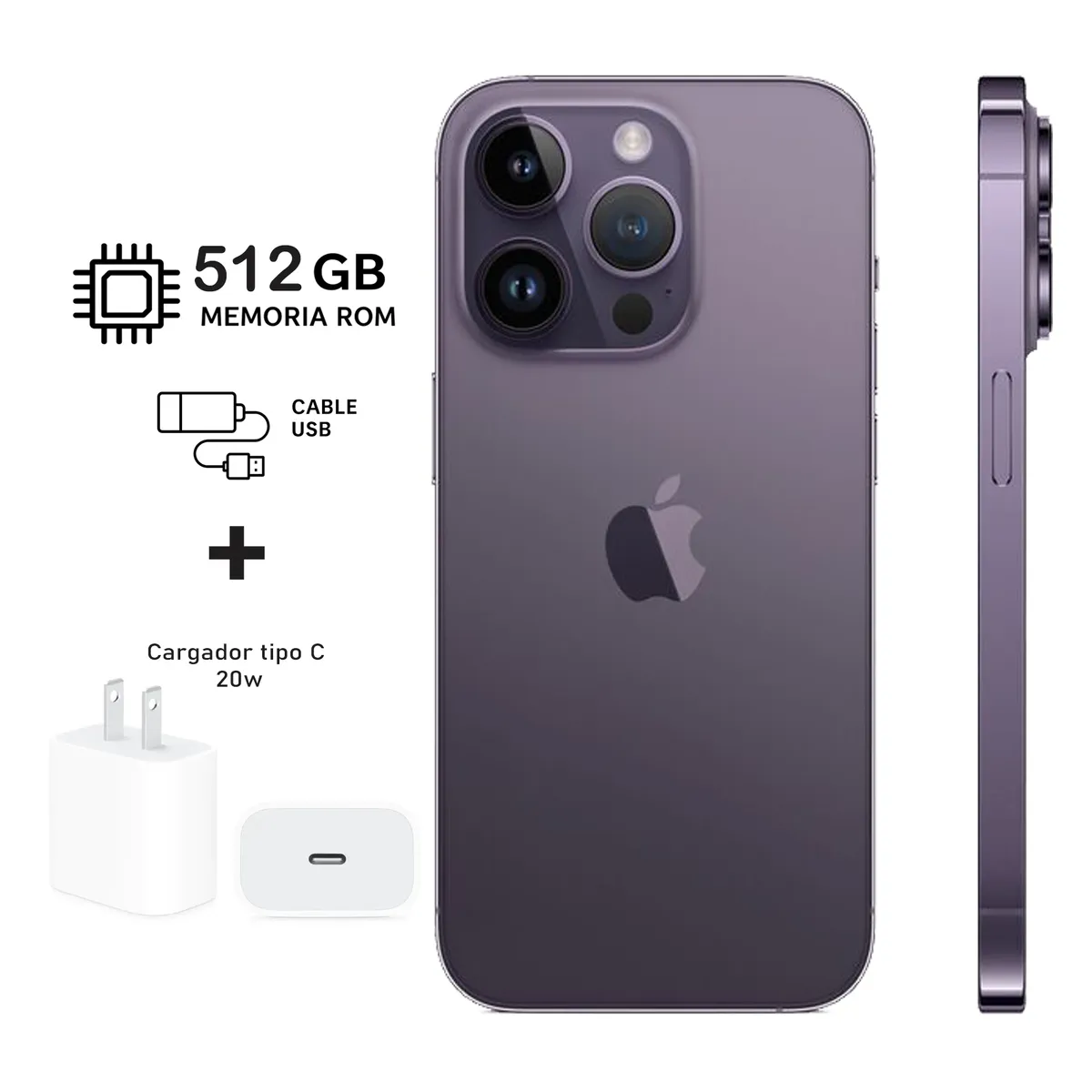 Apple Iphone 14 Pro Max 512gb Grafito Purple 5G + Kit de carga. Reacondicionado Grado A+ A2651., marca APPLE - Foto Principal