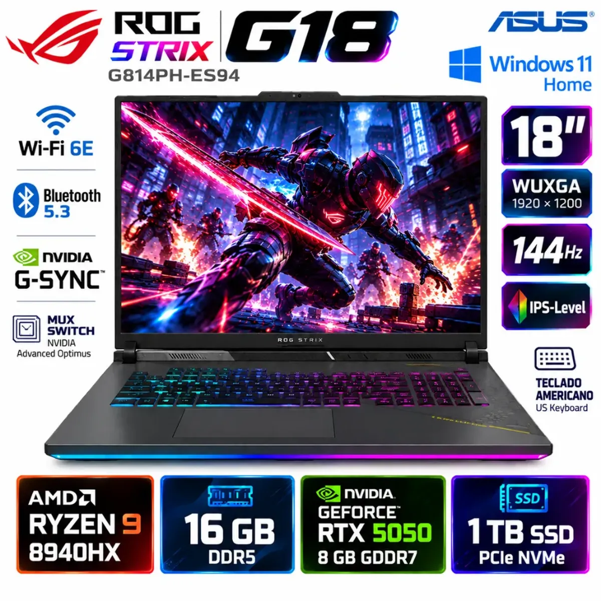 ASUS - Laptop ASUS ROG Strix G18 G814PH-ES94 R9 8940HX 16GB 1TB RTX 5050 8GB 18" 144Hz