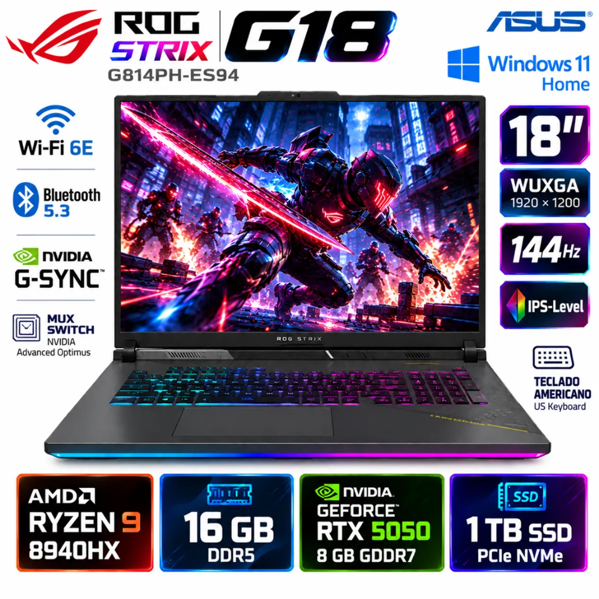 ASUS - Laptop ASUS ROG Strix G18 G814PH-ES94 R9 8940HX 16GB 1TB RTX 5050 8GB 18" 144Hz