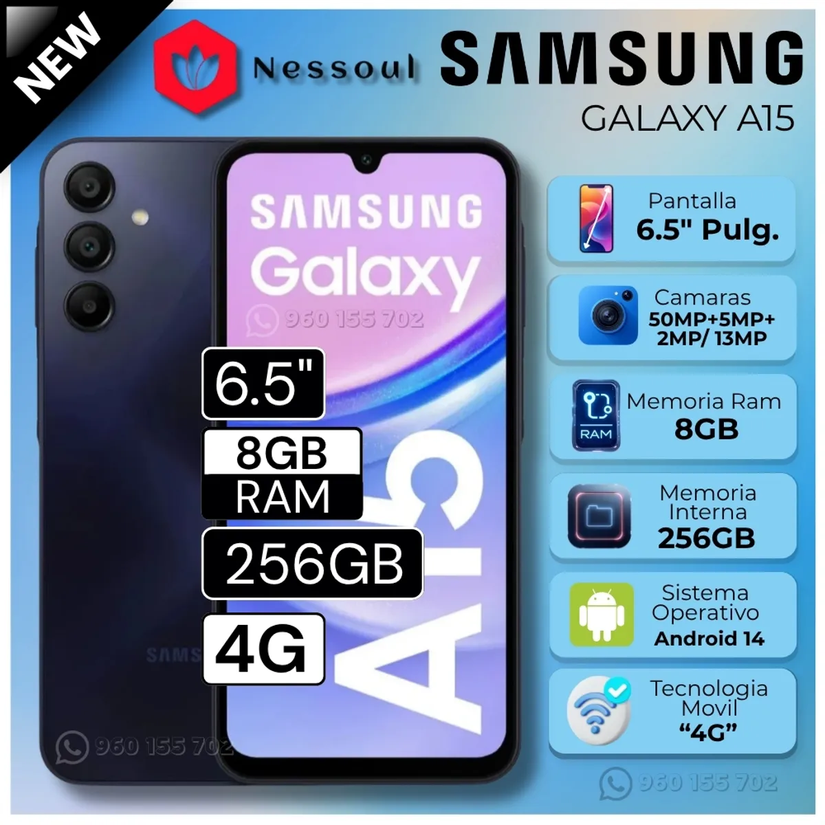 SAMSUNG - Celular Samsung Galaxy A15 4G 6.5" Pulg. 8GB RAM 256GB Android 14 - Negro Azulado