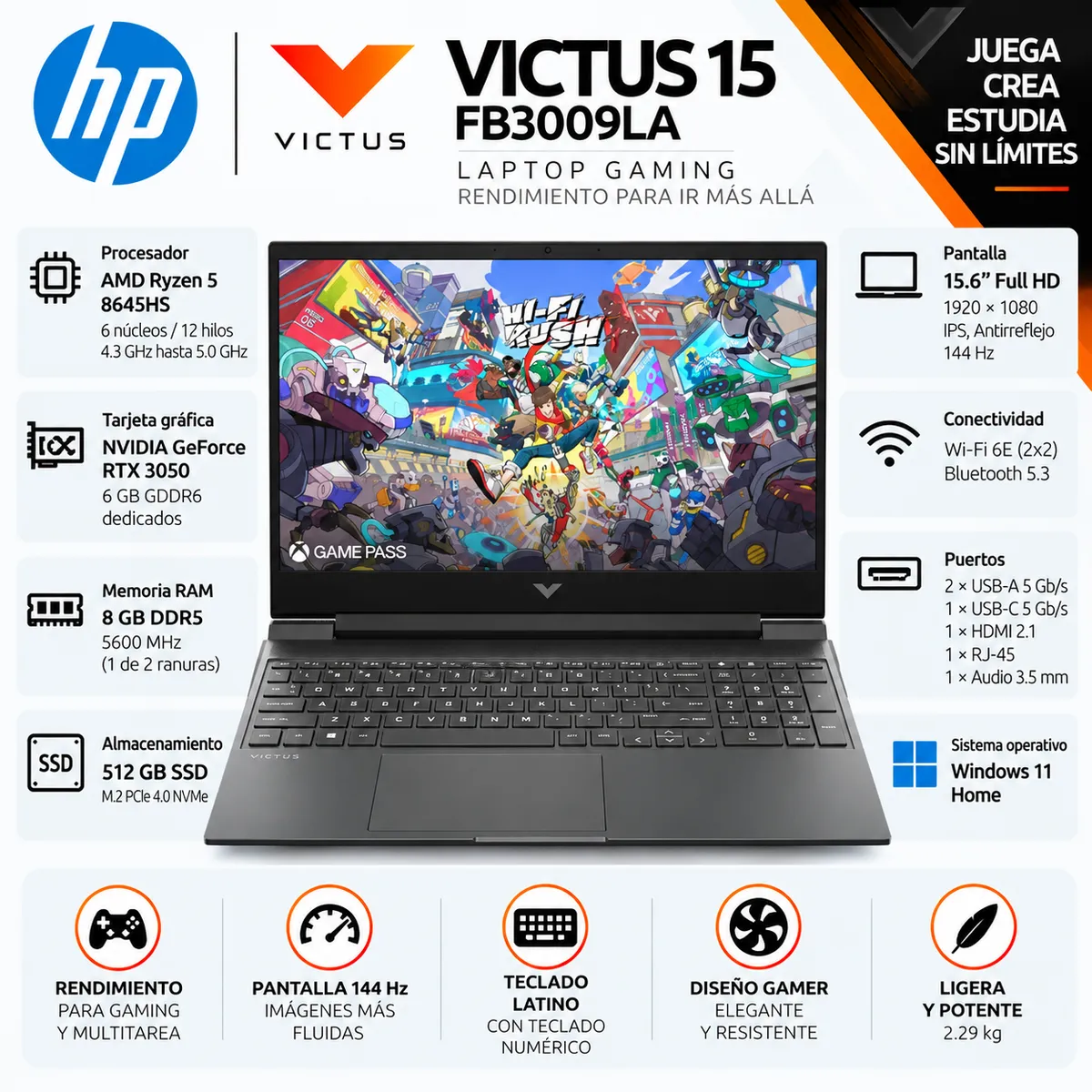 HP - Laptop HP Victus 15-FB3009LA Ryzen 5 8645HS 8GB 512GB SSD RTX 3050 6GB 15.6" 144Hz