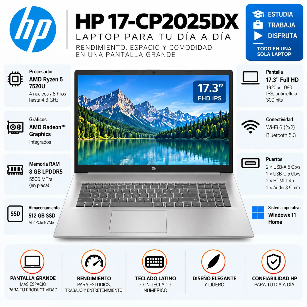HP - Laptop HP 17-CP2025DX Ryzen 5 7520U 8GB 512GB SSD 17.3" FHD IPS Windows 11