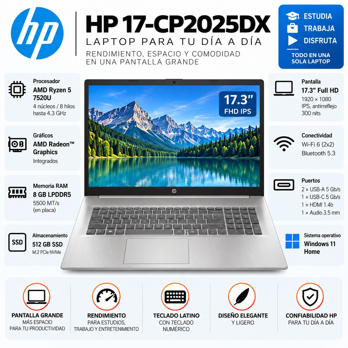 HP - Laptop HP 17-CP2025DX Ryzen 5 7520U 8GB 512GB SSD 17.3" FHD IPS Windows 11