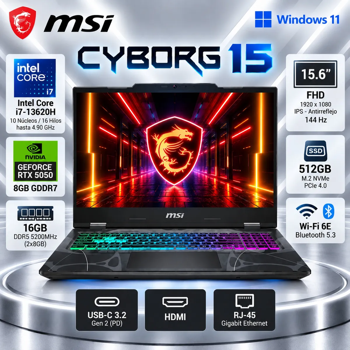 Msi - Laptop Gamer MSI Cyborg 15 B13WEKG Core i7-13620H 16GB 512GB RTX 5050 8GB 15.6" FHD