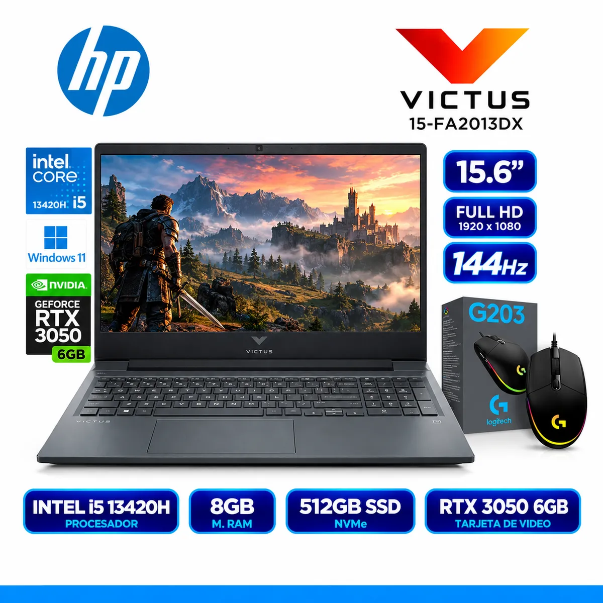HP - LAPTOP HP VICTUS 15FA2013DX CORE i5 13420H 8GB SSD 512GB RTX3050 6GB FHD 15.6", 144HZ WIN11 + G203