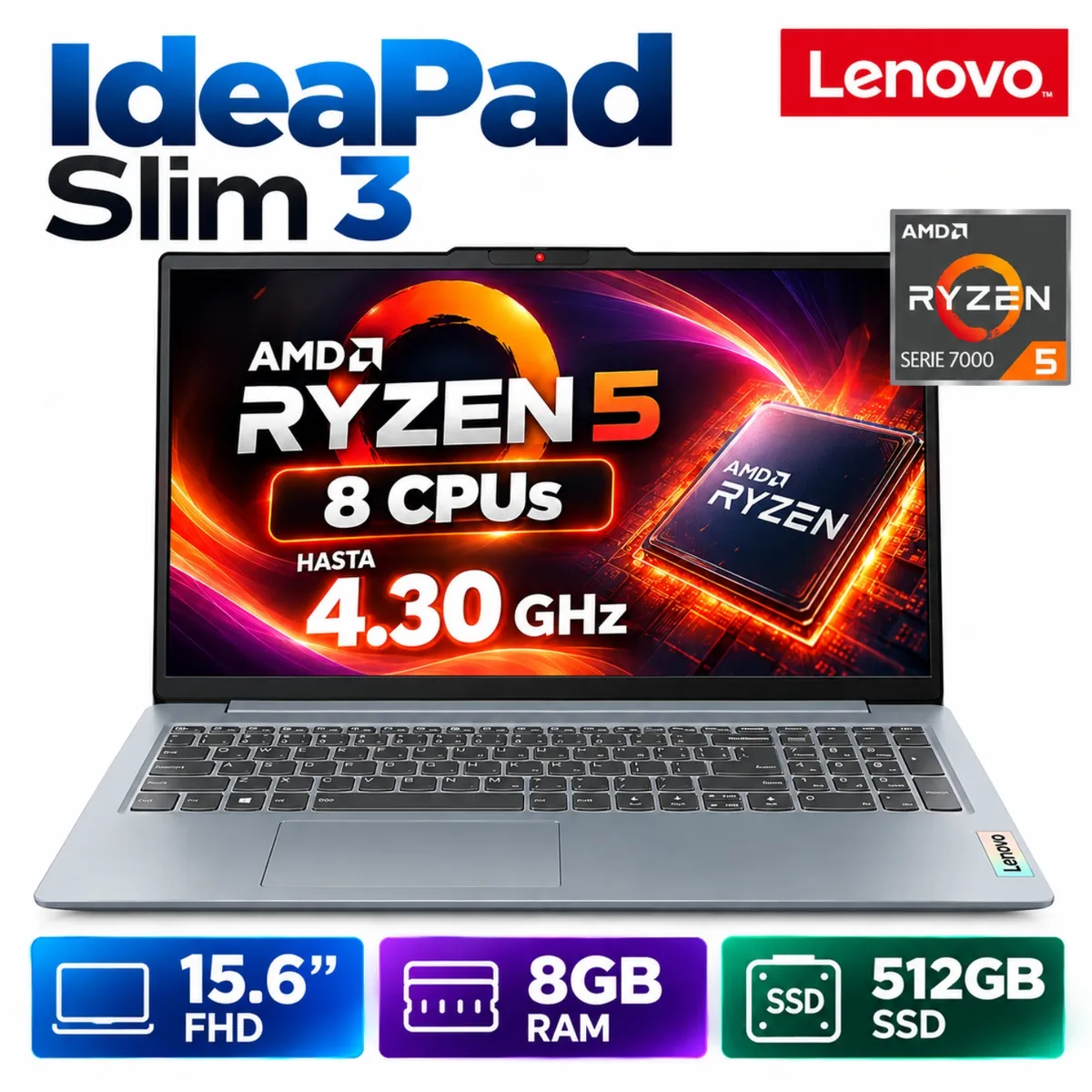 LENOVO - Lenovo IdeaPad Slim 3 15AMN8 82XQ00N5LM Ryzen 5-7520U, 8GB RAM, 512GB SSD, 15.6″ FHD, W11