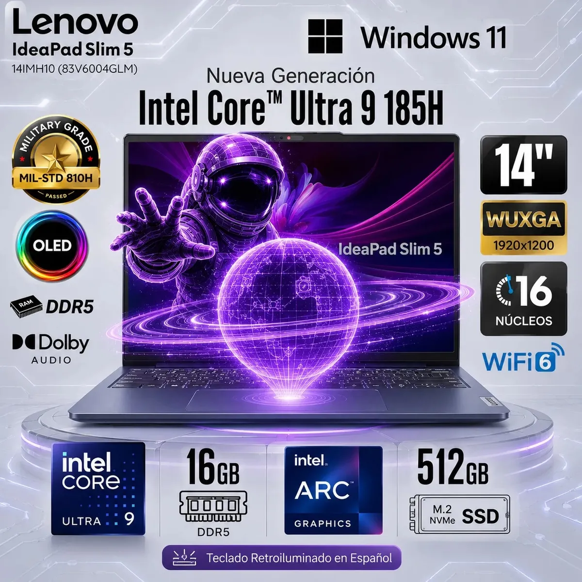 LENOVO - Laptop Lenovo IdeaPad Slim 5 14IMH10 Core Ultra 9 185H 16GB 512GB SSD 14" WUXGA 83V6004GLM
