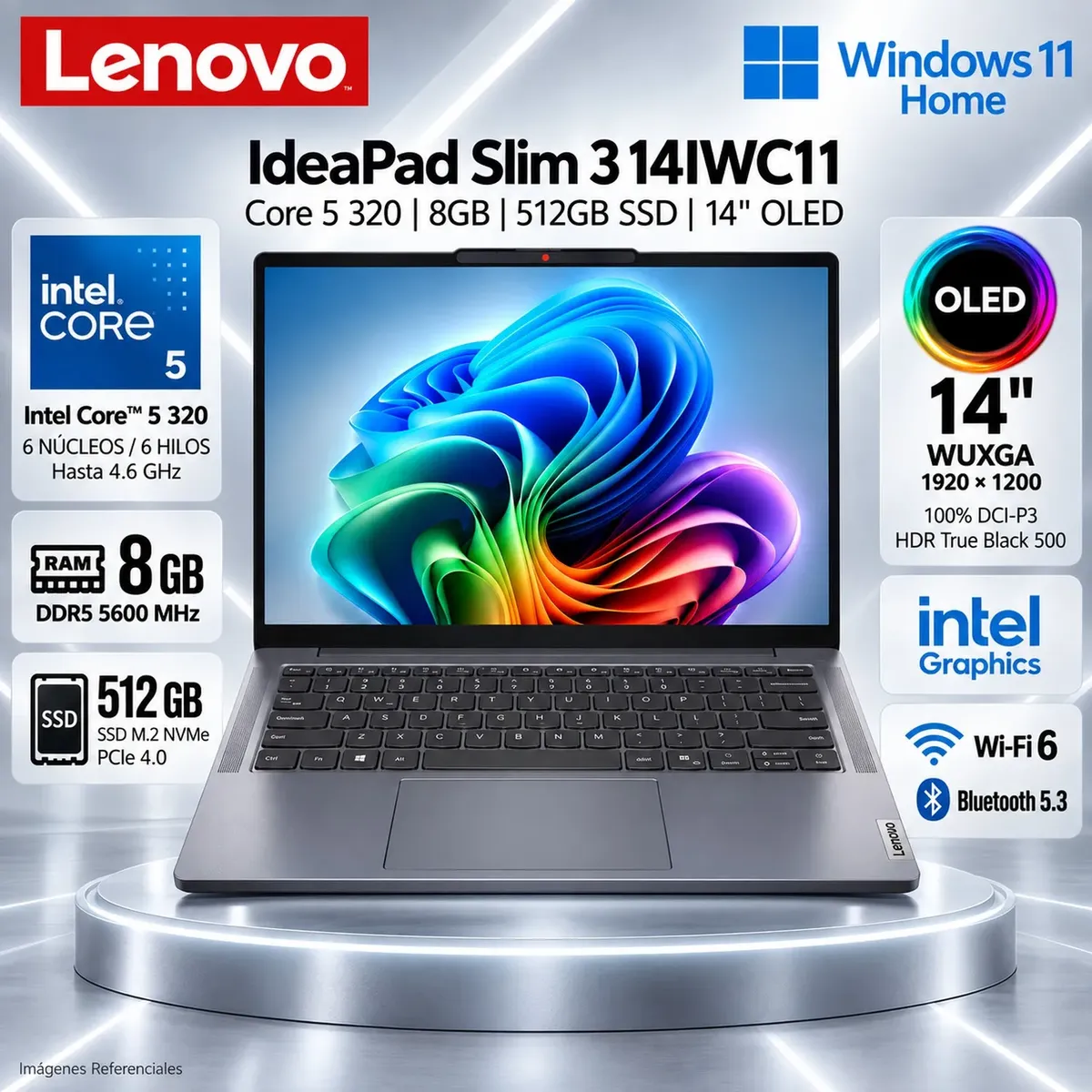 LENOVO - Laptop IdeaPad Slim 3 14IWC11 Intel Core 5 320 8GB RAM 512GB 14" OLED WUXGA - Luna Grey -83RQ005GLM