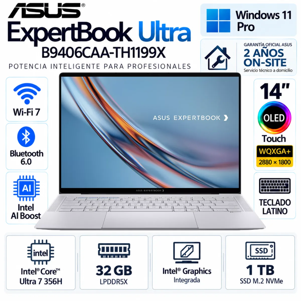 ASUS - Laptop ASUS ExpertBook B9406CAA-TH1199X Core Ultra 7 356H 32GB 1TB 14" OLED Touch W11 Pro