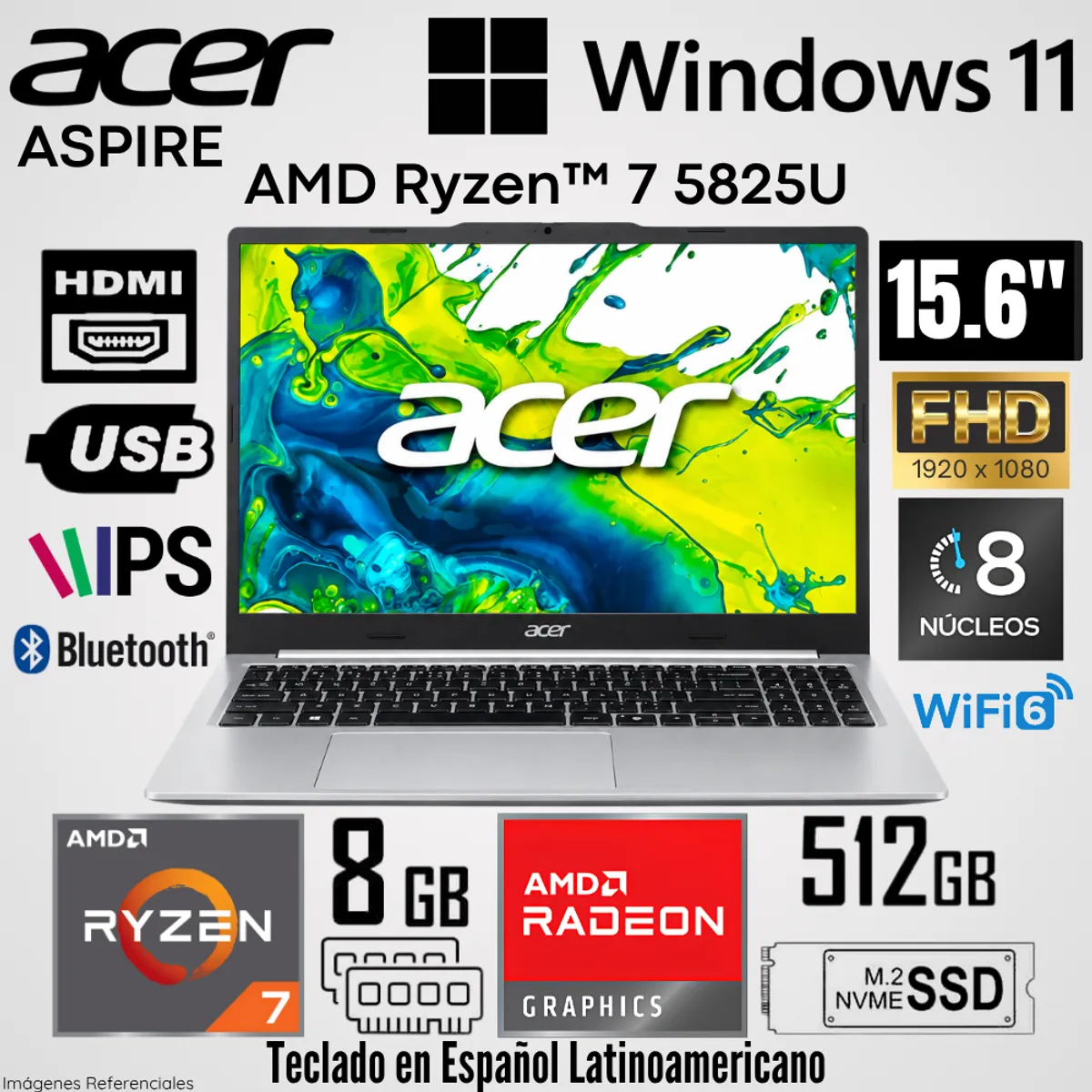 ACER - Laptop Acer Aspire AL15-48P-R6GN AMD Ryzen 7 5825U 8GB RAM 512GB SSD 15.6"  FHD IPS