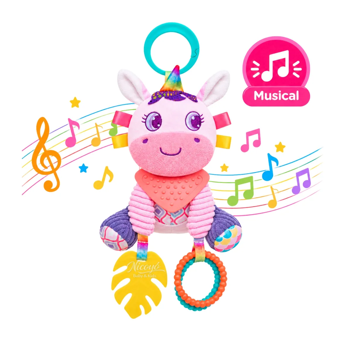 Baby - Juguete Unicornio Sensorial y Musical para Bebé con Colgador, Mordedor y Texturas