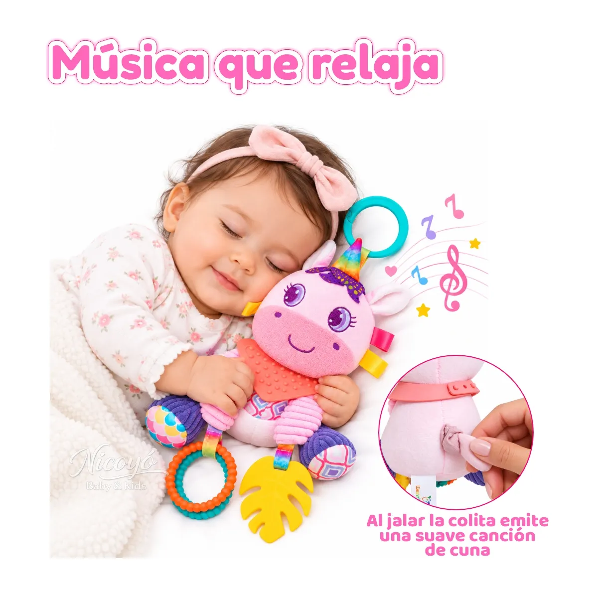 Baby - Juguete Unicornio Sensorial y Musical para Bebé con Colgador, Mordedor y Texturas